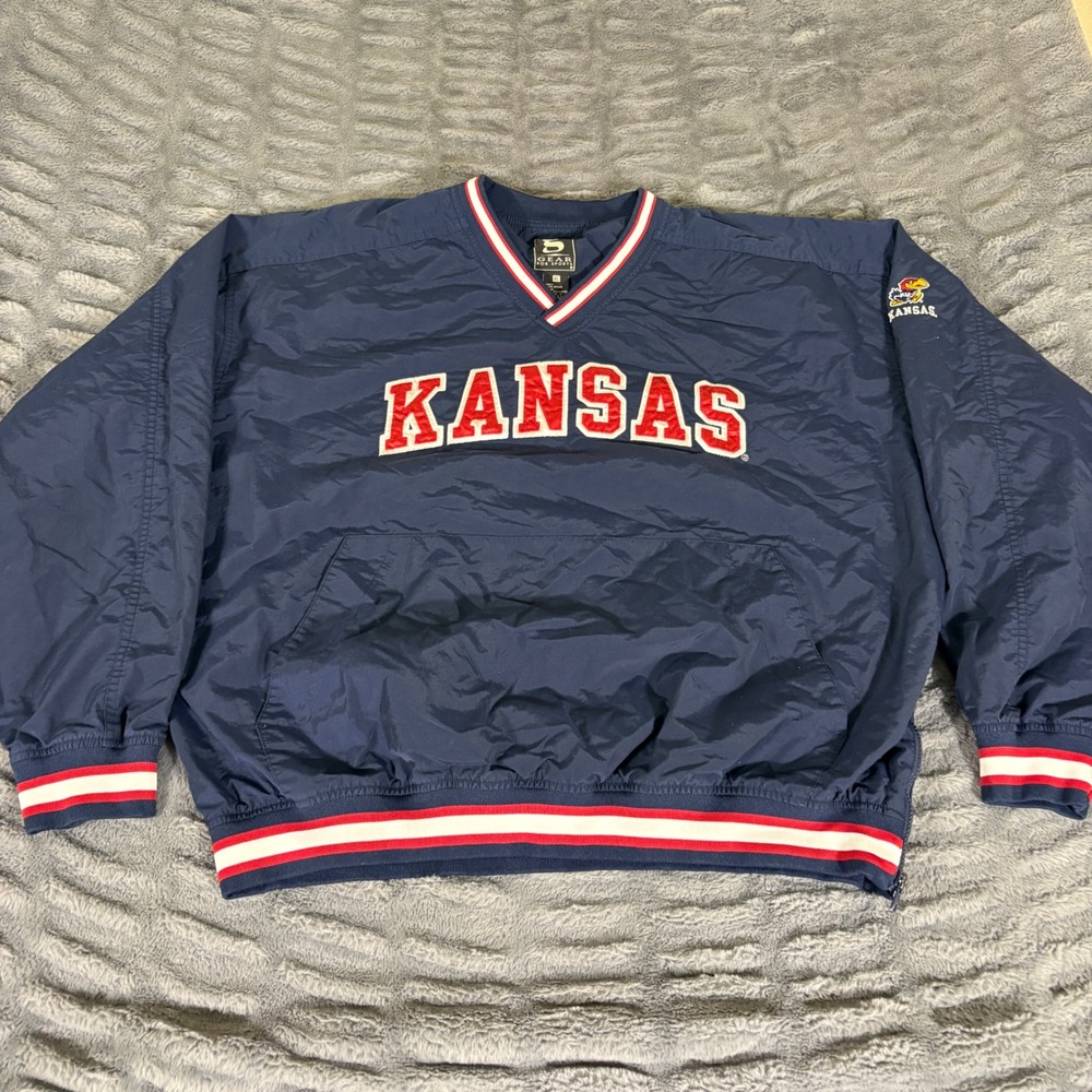 Gear For Sports Kansas Jayhawks V-Neck Windbreaker Pullover Navy Blue Mens XL